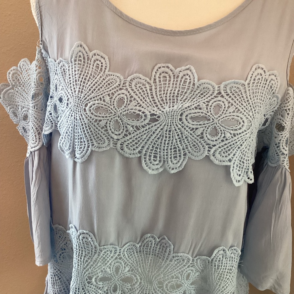 Women's Light Blue Lace Cold Shoulder Top - Picture 2 of 7